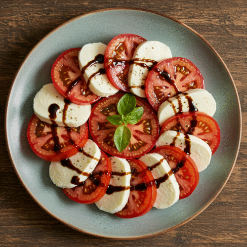 Tomato Mozzarella Salad on Rustic Wooden Table