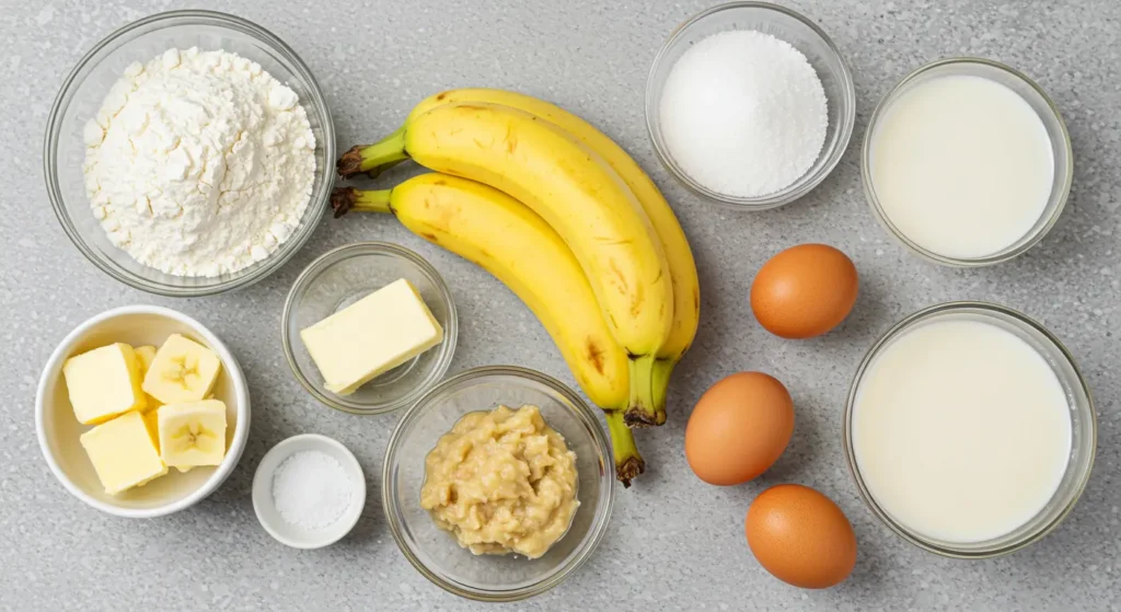 A flat lay of Atomic Cake ingredients including bananas, flour, sugar, butter, eggs, cocoa powder, milk, Bavarian cream, strawberries, and whipped cream.