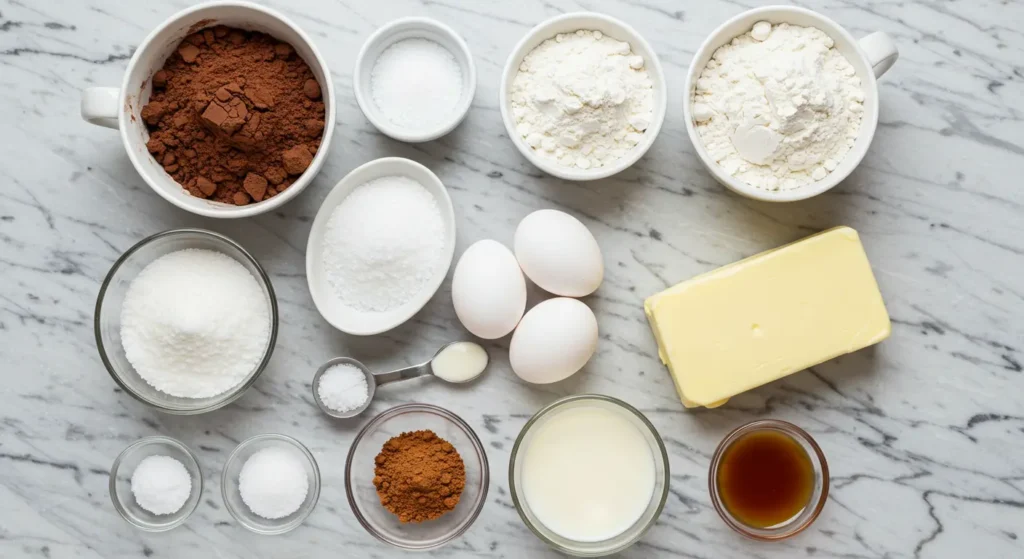 Grouped ingredients for banana, chocolate, and yellow cake layers displayed in separate sections on a clean kitchen counter.