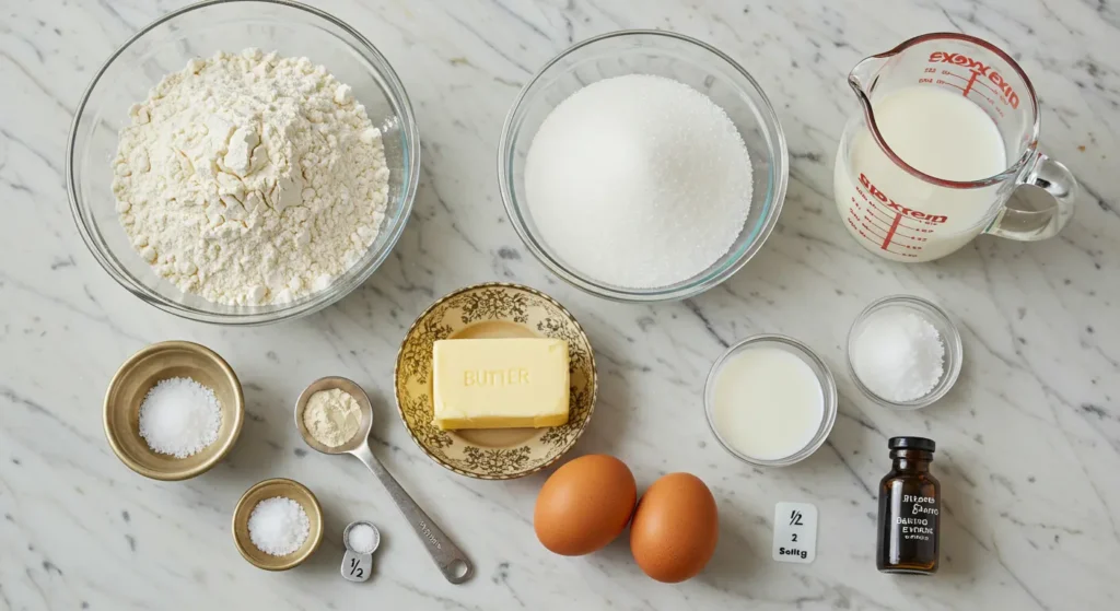 Grouped ingredients for banana, chocolate, and yellow cake layers displayed in separate sections on a clean kitchen counter.