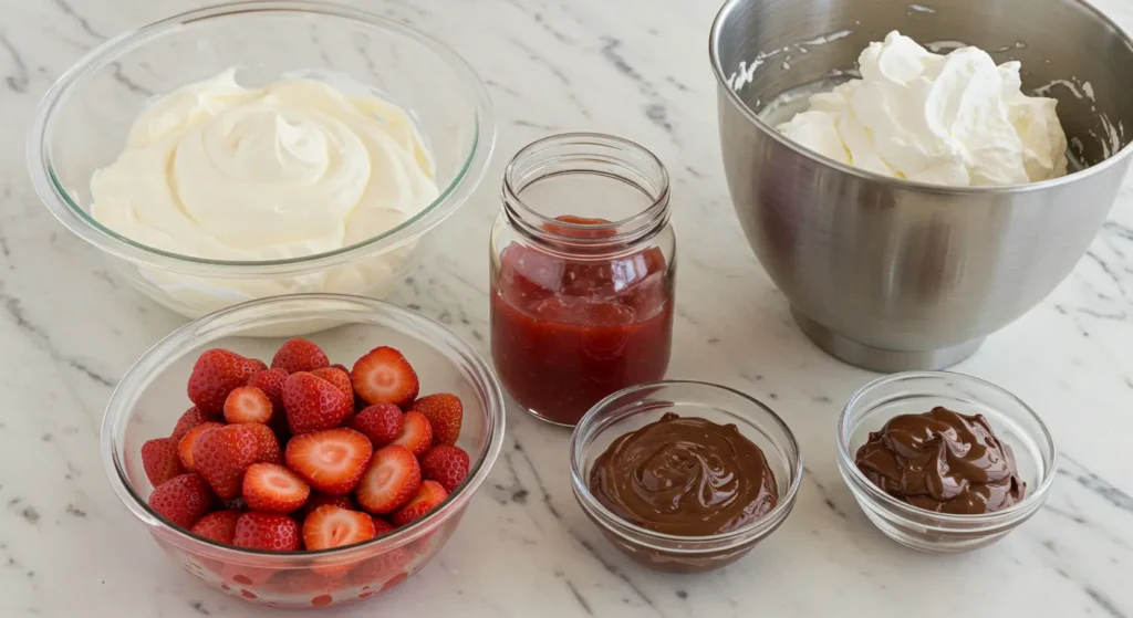 Close-up of fresh strawberries, ripe bananas, and eggs used in Atomic Cake preparation.
