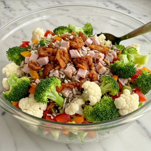 Fresh broccoli cauliflower salad with smoked turkey and sunflower seeds