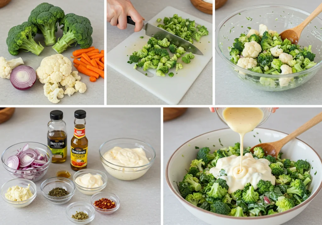 Preparing ingredients for broccoli cauliflower salad
