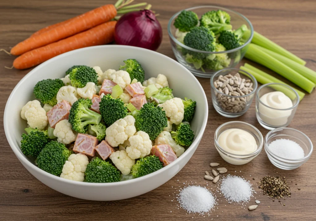 Ingredients for broccoli cauliflower salad with smoked turkey.