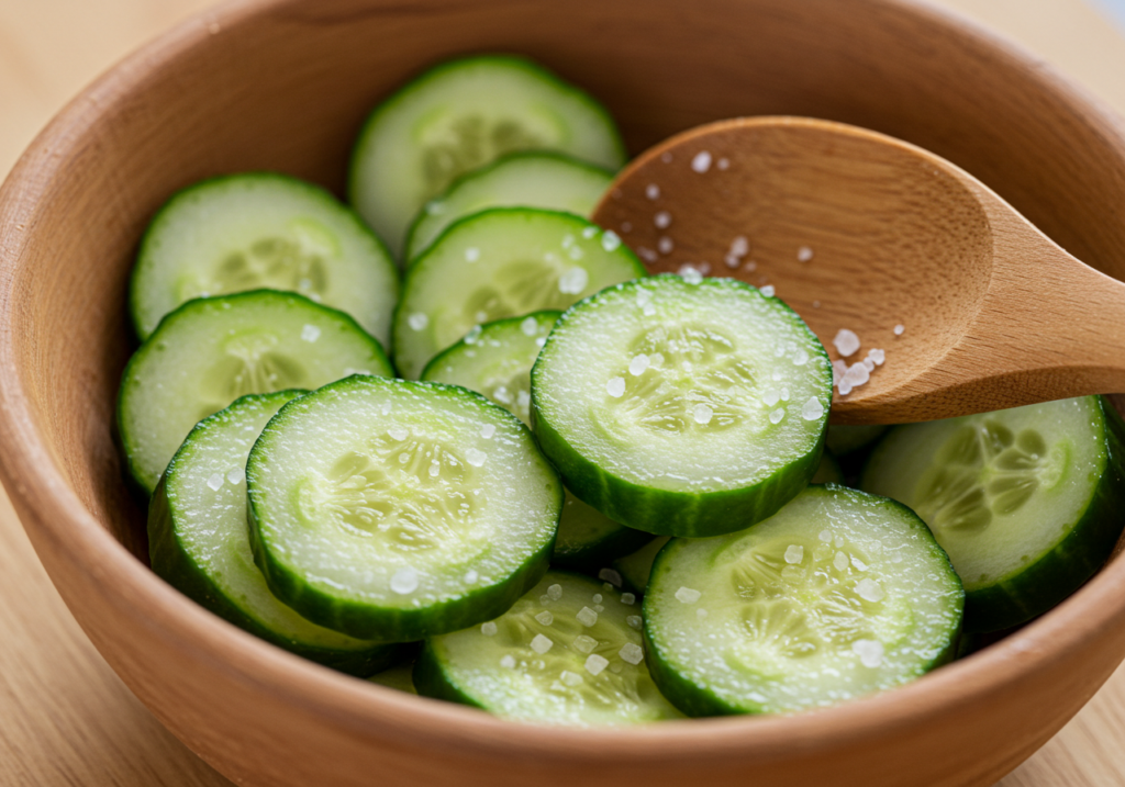 Salted cucumber slices preparing for marination