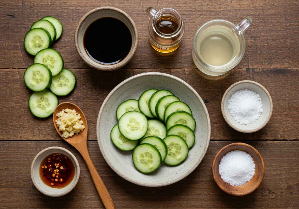 Ingredients for Din Tai Fung cucumber salad on a wooden table