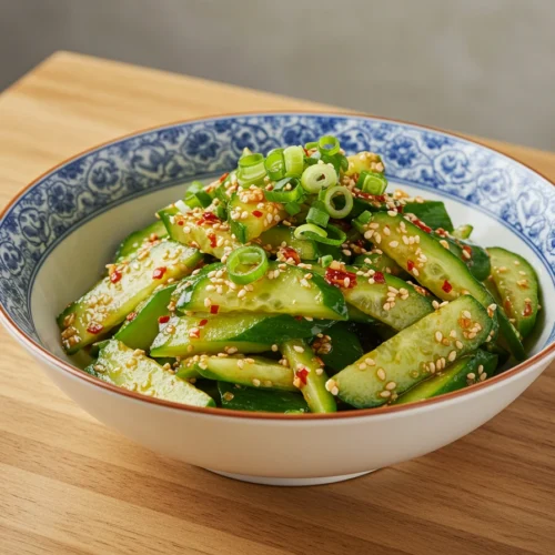 Delicious Din Tai Fung Cucumber Salad served in an Asian bowl with chili oil and sesame seeds