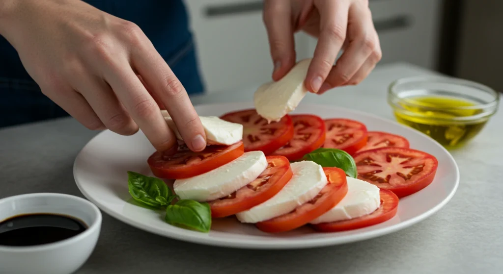 Tomato Mozzarella Salad Served with Wine and Bread
