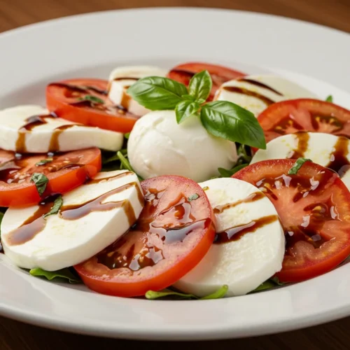 Tomato Mozzarella Salad on Rustic Wooden Table