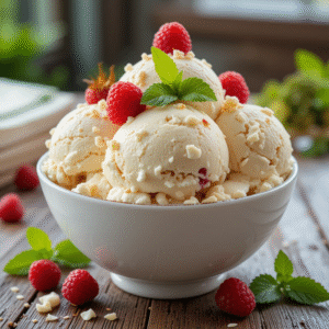 White chocolate ice cream scoop in a waffle cone with mint